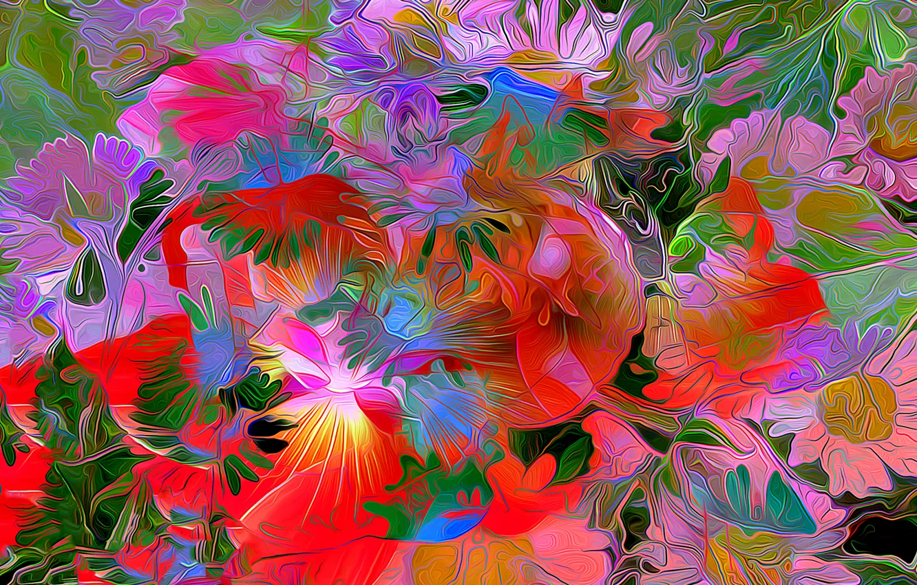 Photo wallpaper line, flowers, rendering, paint, petals