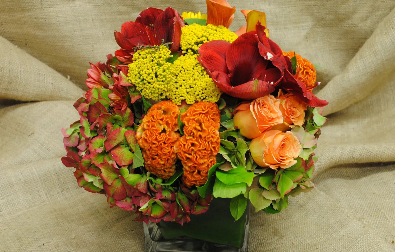 Photo wallpaper flowers, bouquet, burlap
