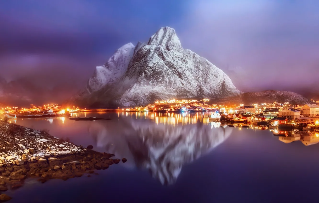 Photo wallpaper winter, light, reflection, mountains, lights, fog, rocks, the evening
