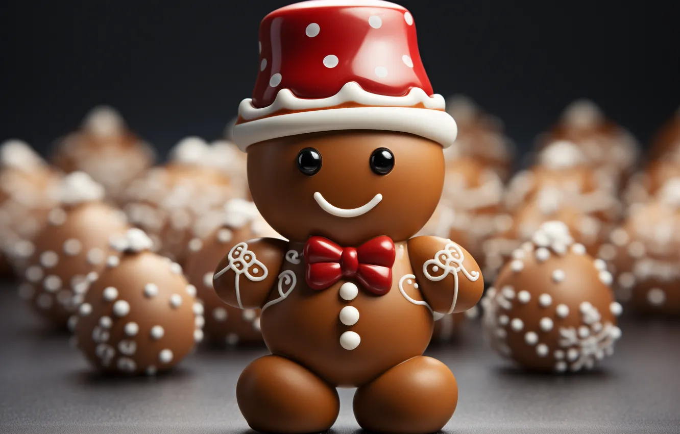 Photo wallpaper balls, smile, the dark background, new year, men, little red riding hood, cookies, Christmas