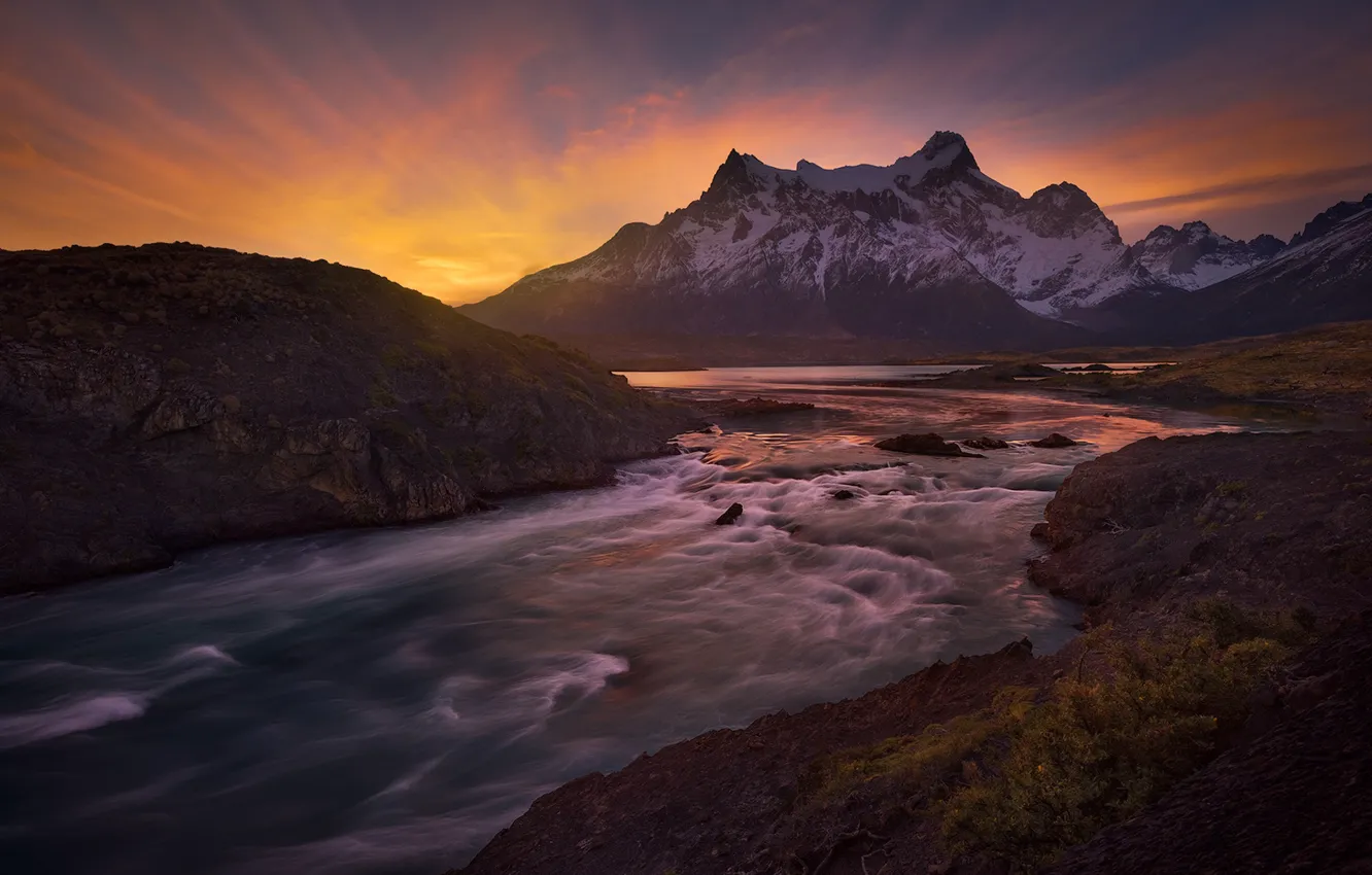 Photo wallpaper sunset, mountains, river, Chile, Chile, Patagonia, Patagonia, Paine River
