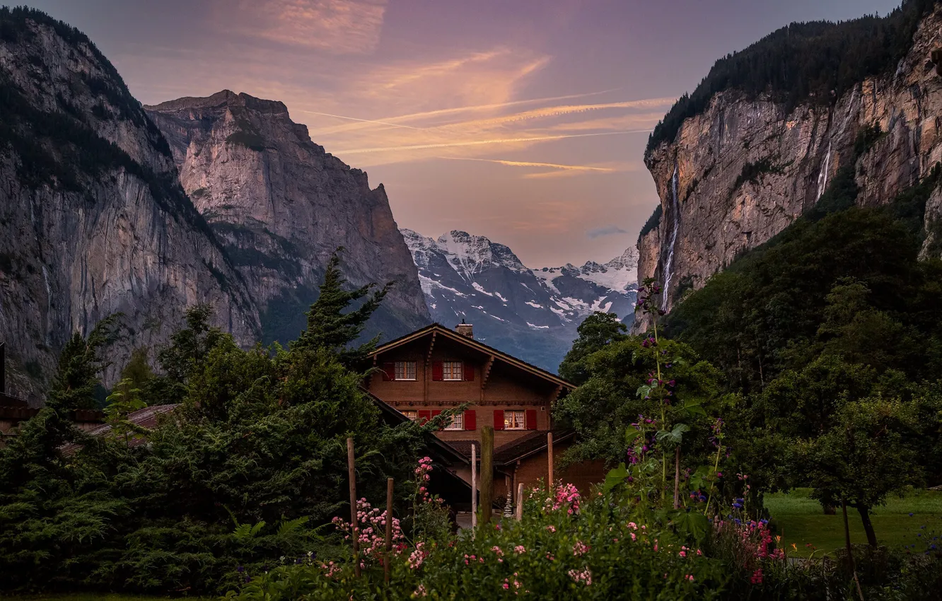 Photo wallpaper home, flowers, mountains, garden, the evening, house, flowerbed, rocks