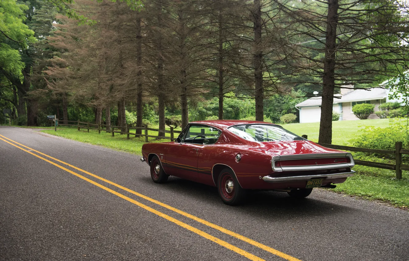 Photo wallpaper road, auto, trees, road, muscle car, Fastback, Barracuda, Plymouth