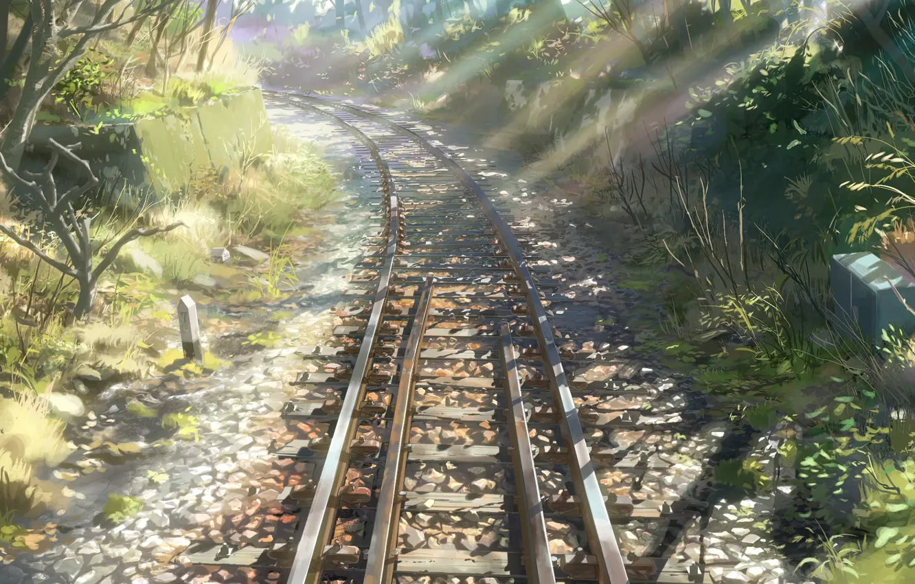 Photo wallpaper trees, rails, sunlight, CGI, railroad, Screenshot, Rural, Makoto Shinkai