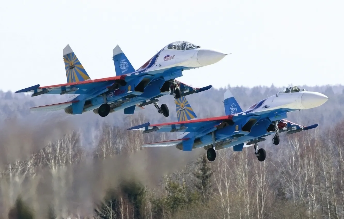 Photo wallpaper forest, aviation, two, fighter, day, Russia, the plane, the rise