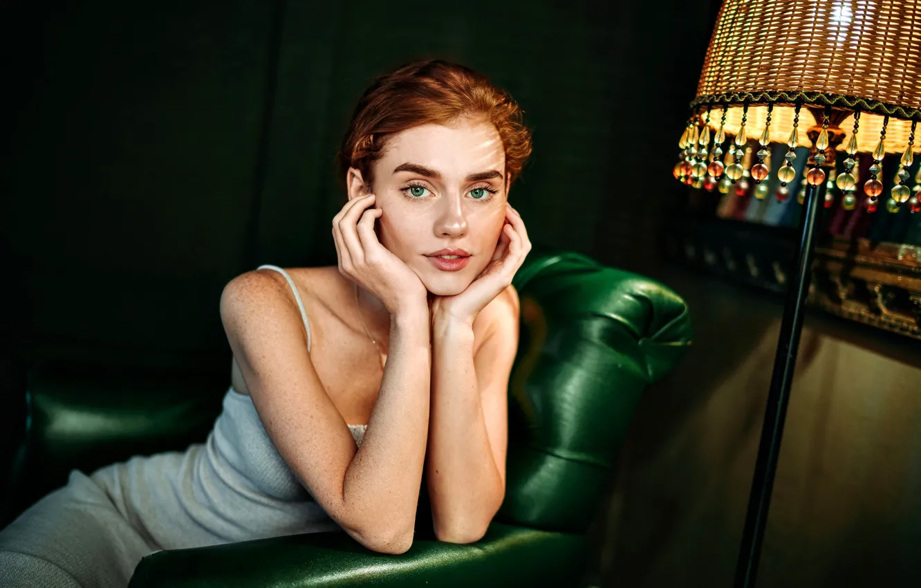 Photo wallpaper look, girl, pose, portrait, chair, hands, red, redhead