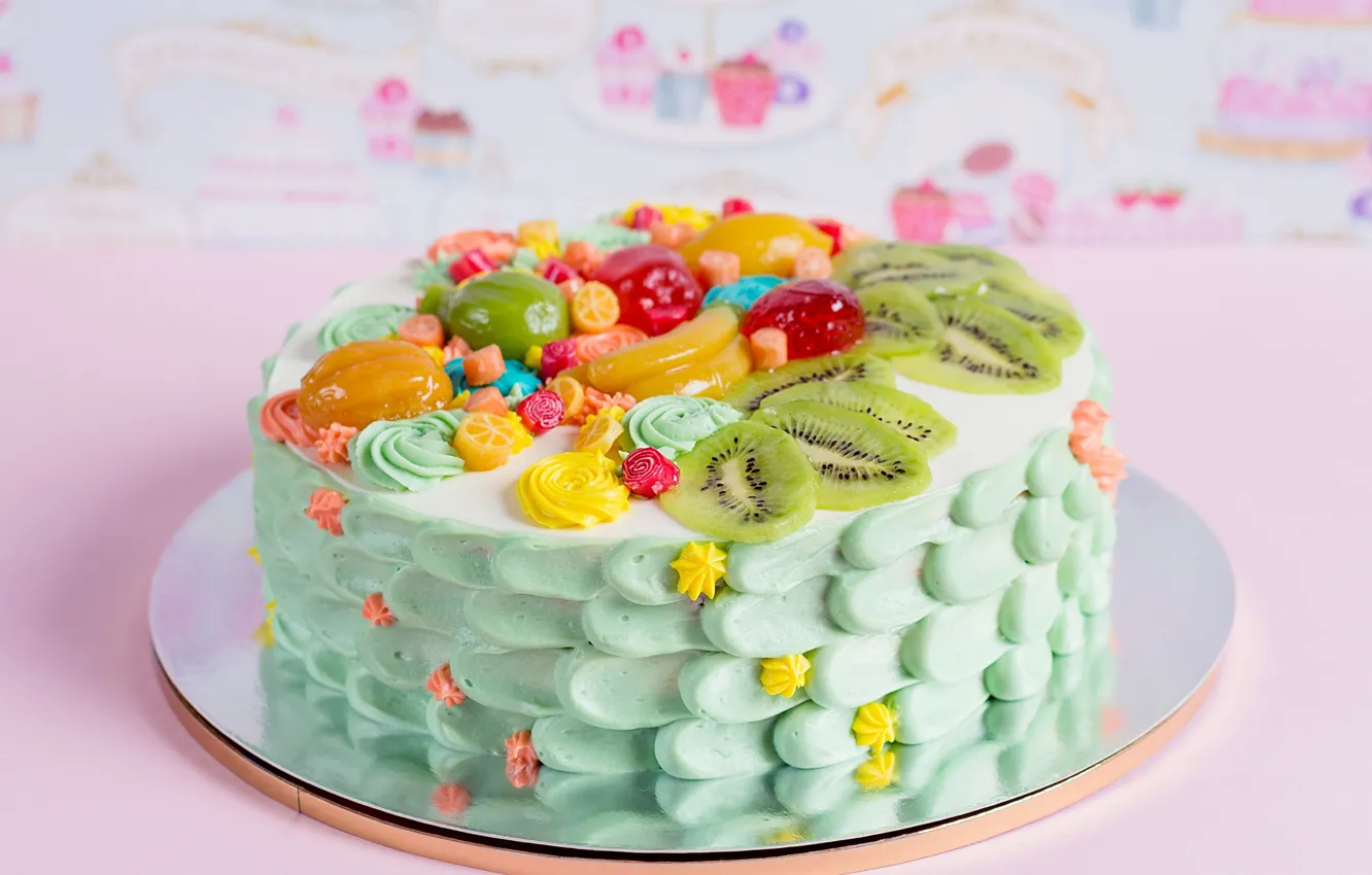 Photo wallpaper kiwi, cake, decoration, cream, fruit, sweet, cakes, sweets