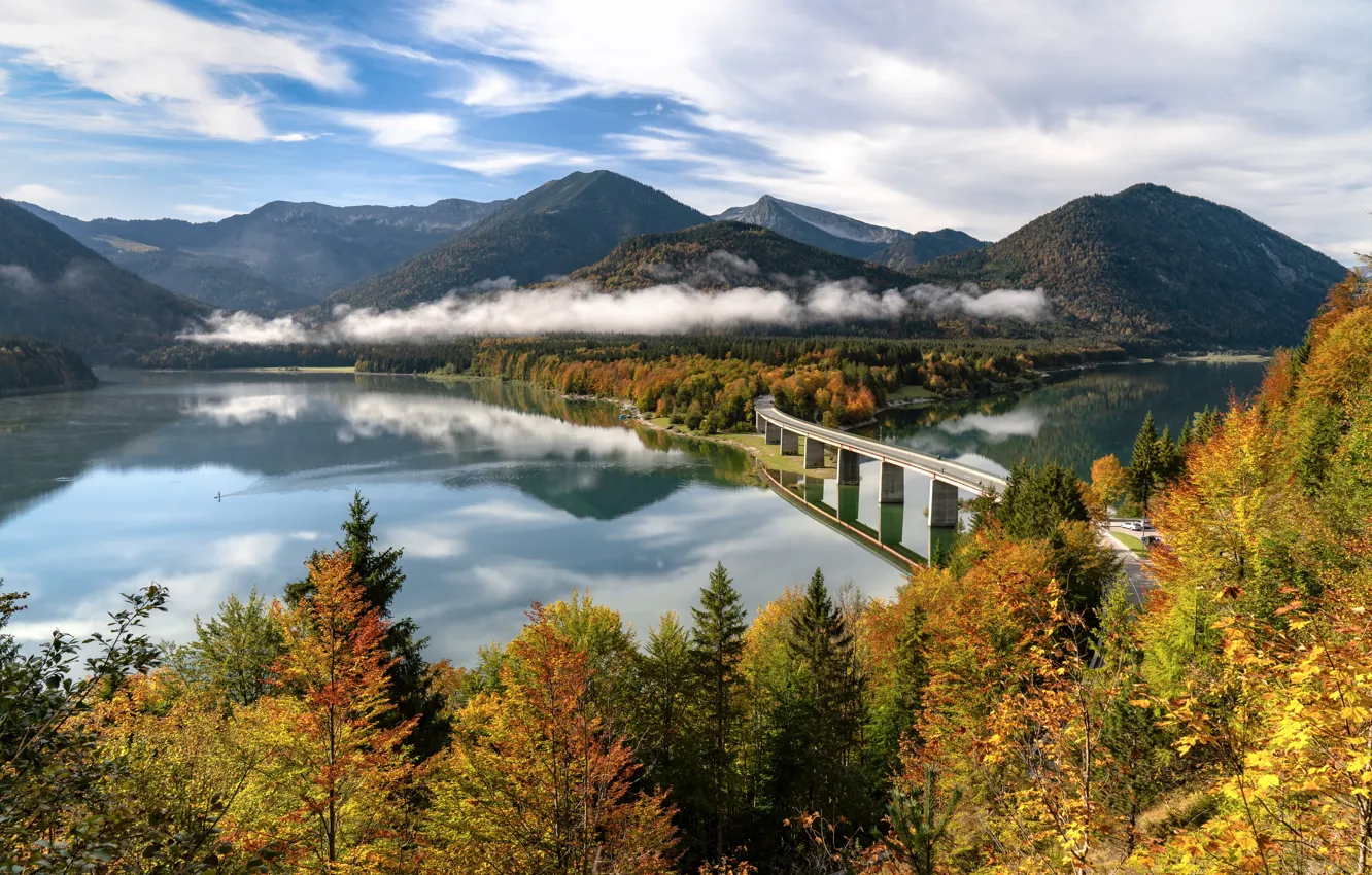 Photo wallpaper autumn, trees, mountains, bridge, lake, Germany, Bayern, Germany