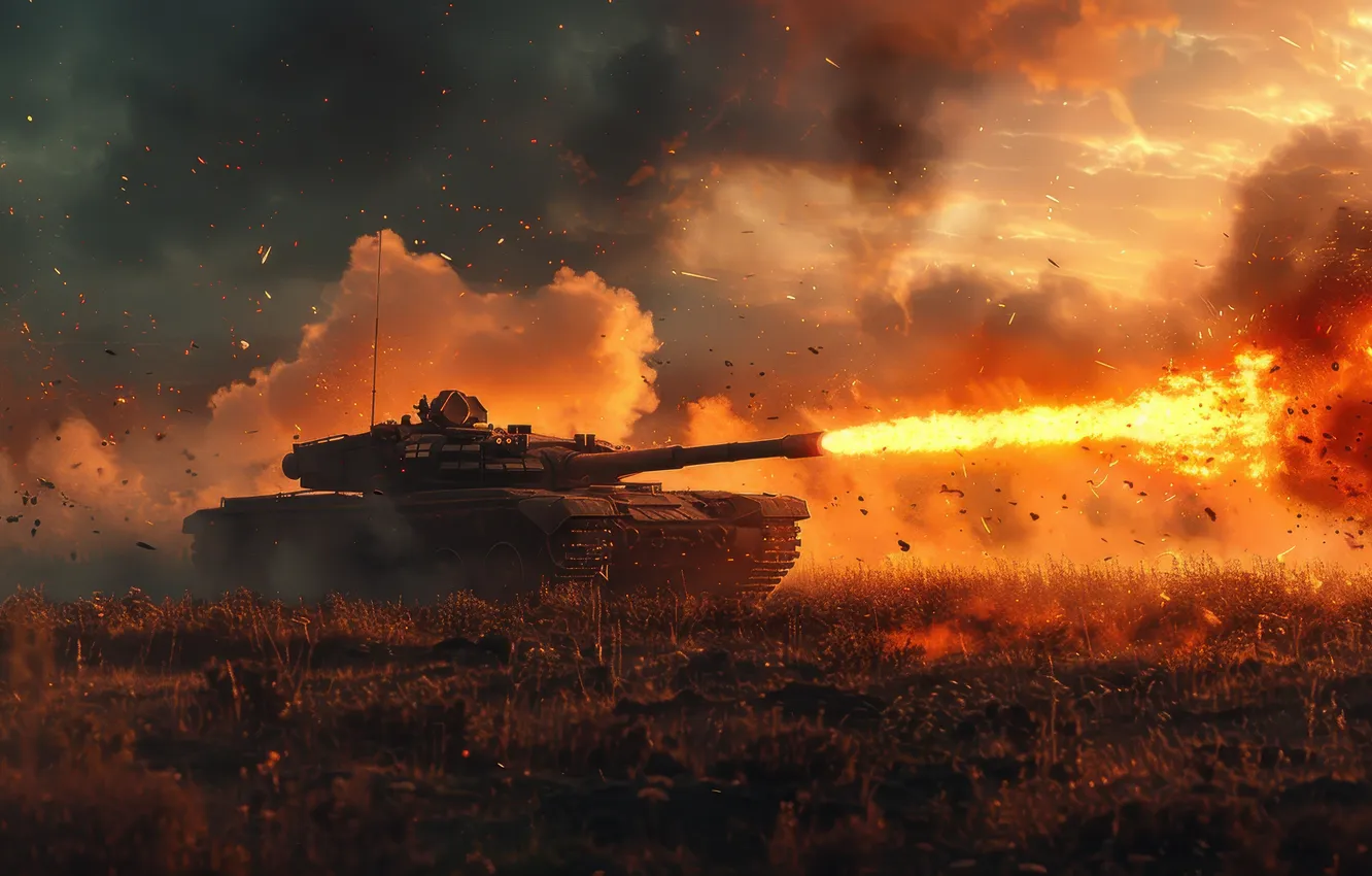 Photo wallpaper lights, smoke, shot, tank, digital art, AI art, The Art of Artificial Intelligence, War and …