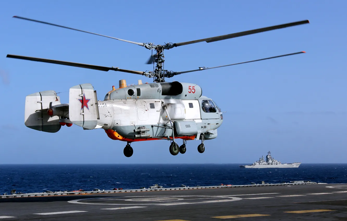 Photo wallpaper from the deck, cruiser, takes off, Admiral Kuznetsov, aircraft carrier, heavy, The Ka-27 Helicopter