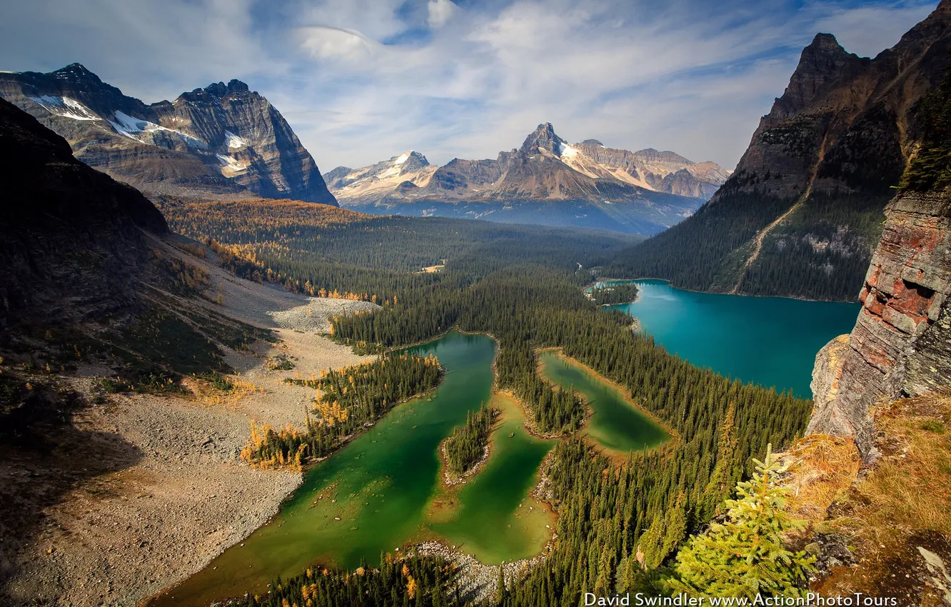 Photo wallpaper forest, mountains, lake, rocks