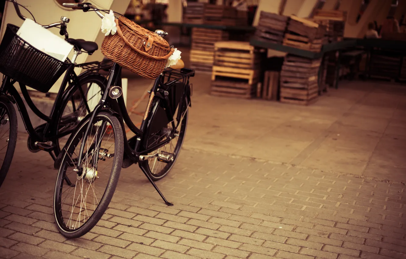 Photo wallpaper bike, basket, tile, box, the sidewalk