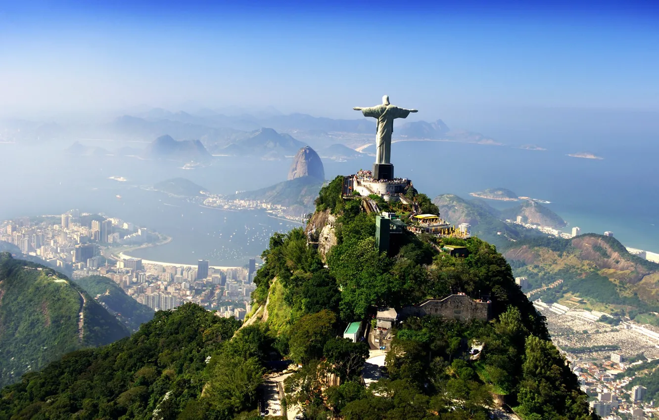 Photo wallpaper clouds, mountains, the city, statue, Brazil, Jesus Christ, Savior