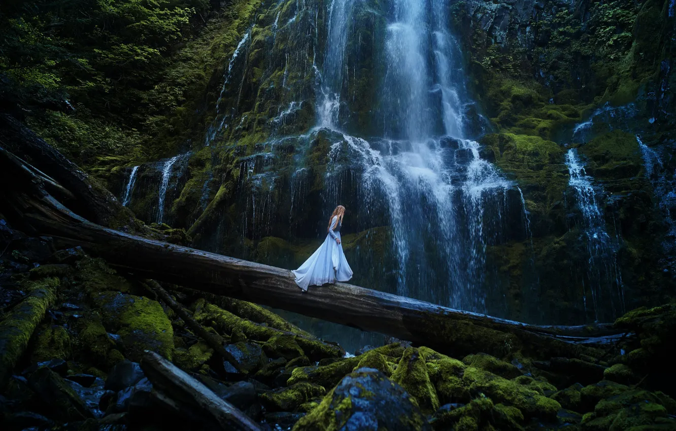 Photo wallpaper girl, landscape, nature, pose, stones, rocks, shore, waterfall