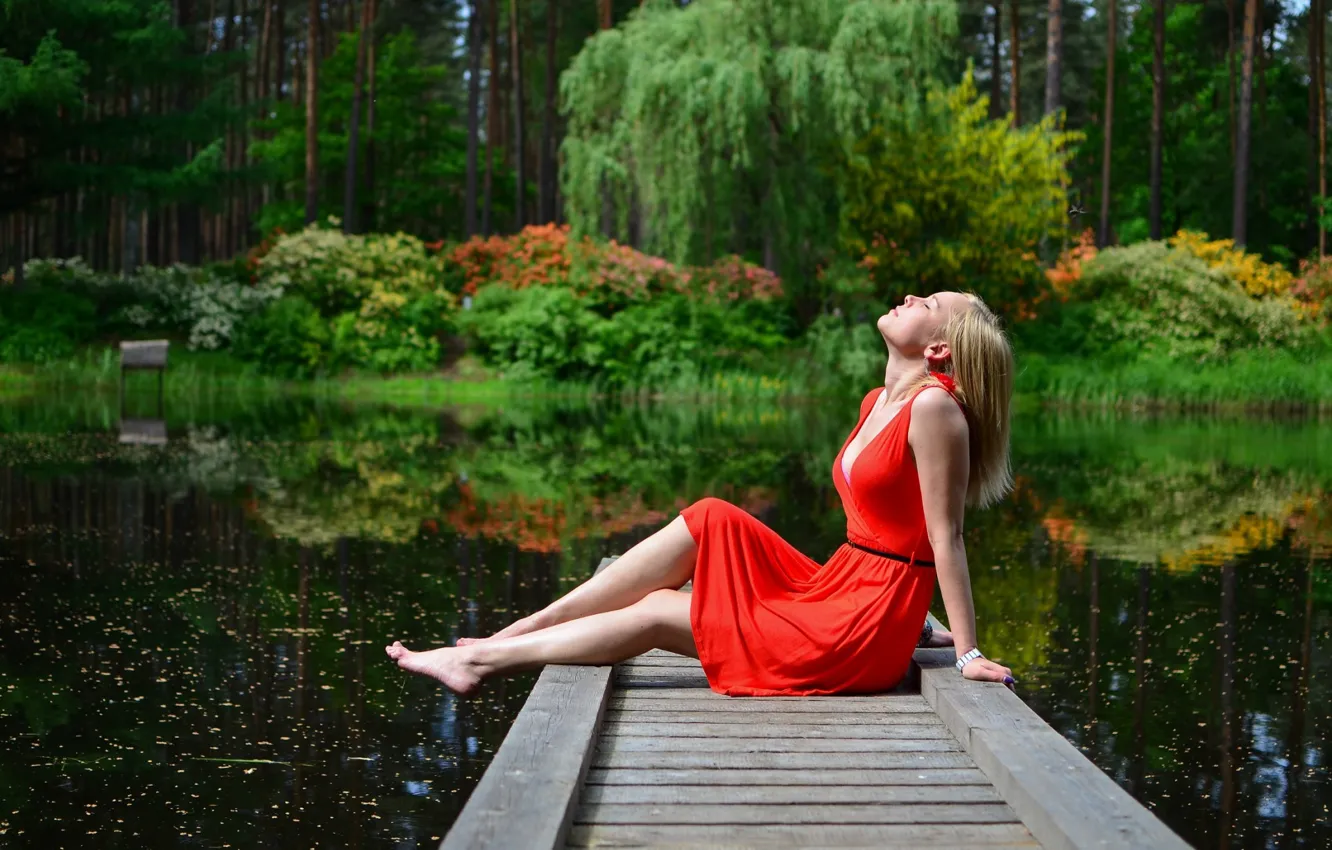 Photo wallpaper river, Zigmars Berzins, girl, dress, red