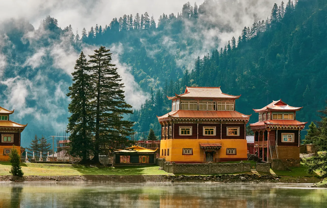 Photo wallpaper forest, trees, mountains, fog, shore, Asia, building, home