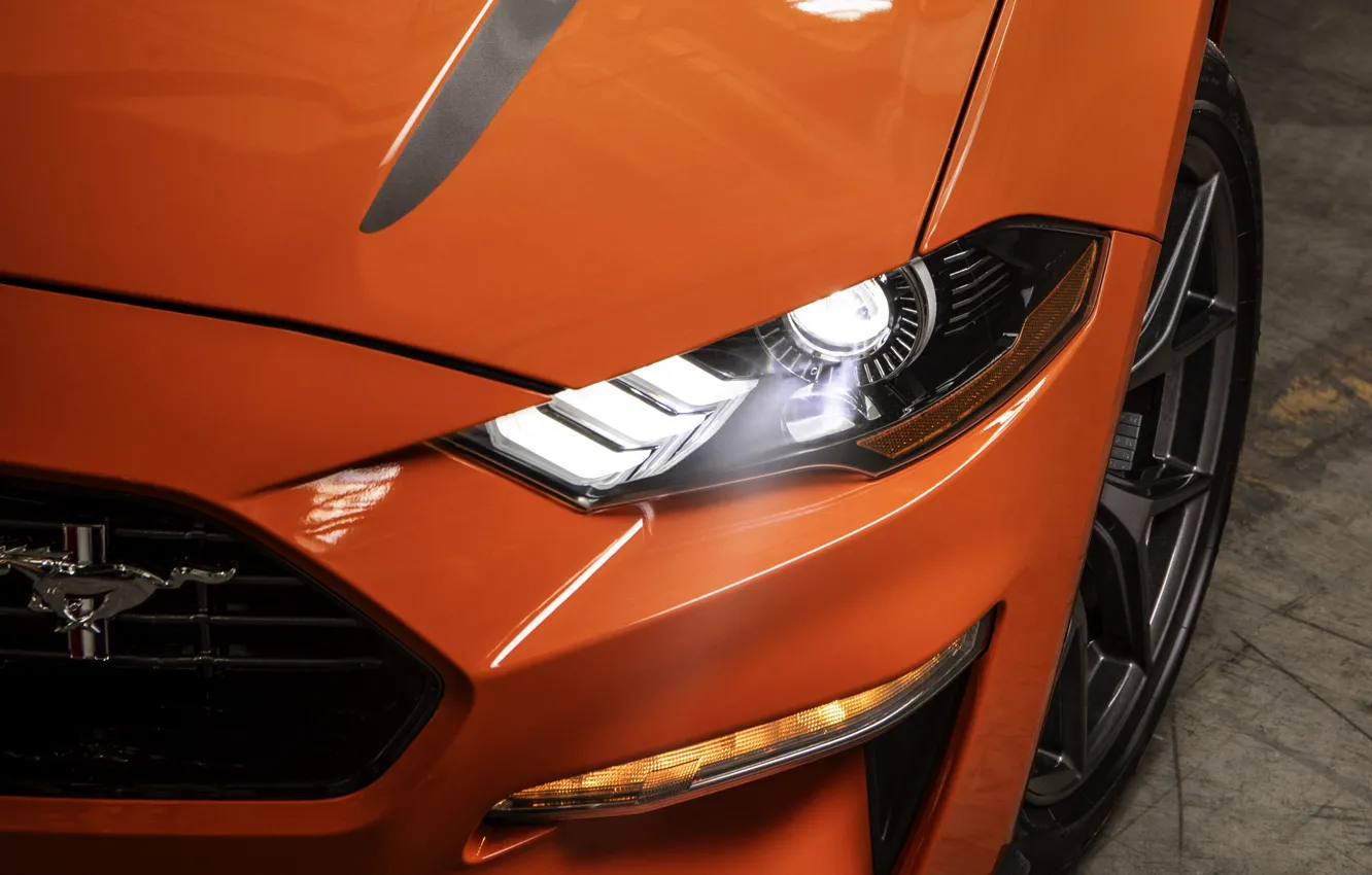 Photo wallpaper light, orange, Mustang, Ford, the hood, 2020, fastback