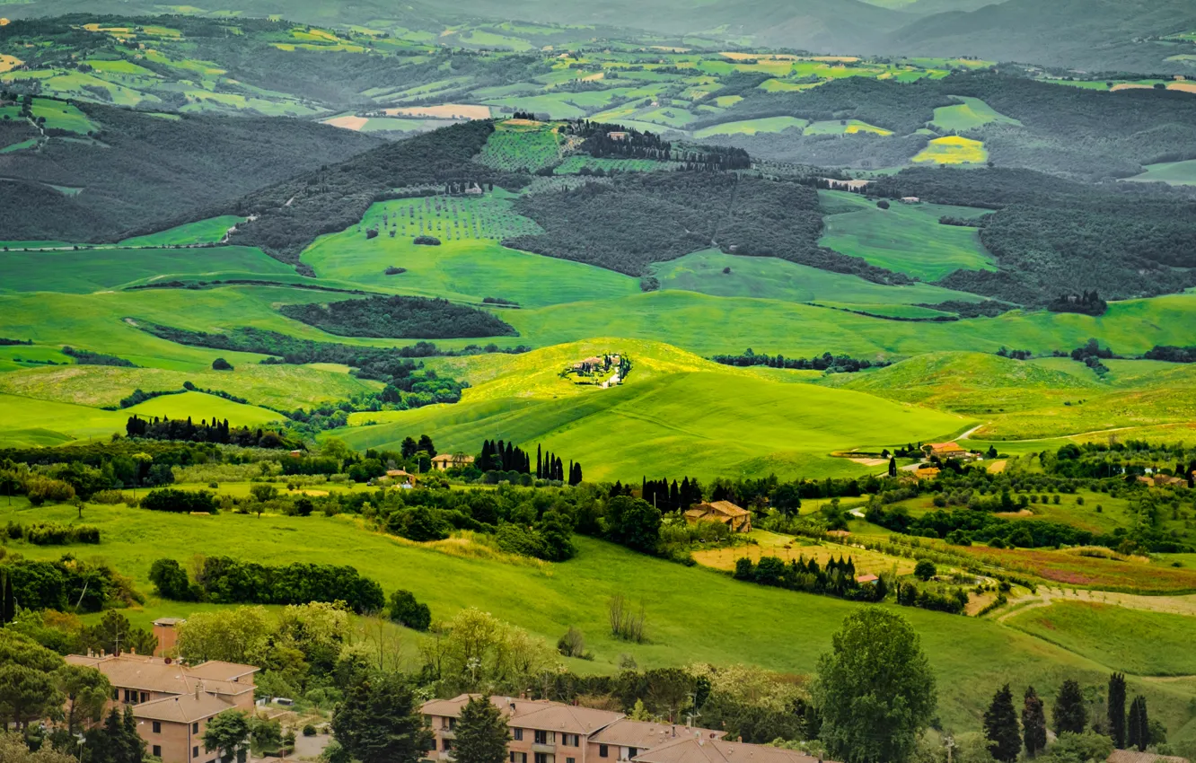 Photo wallpaper field, trees, home, Italy, panorama, Tuscany