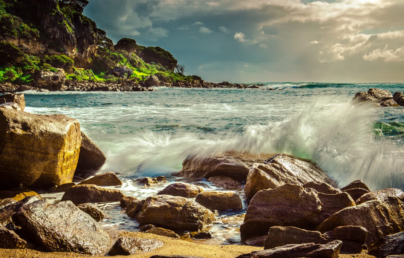 Photo wallpaper wave, beach, squirt, stones, the ocean, photo, photographer, boulders