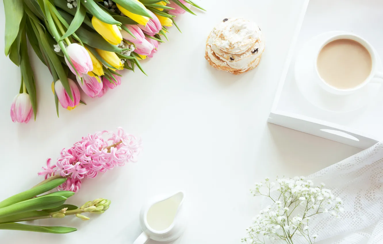 Photo wallpaper flowers, coffee, tulips, cake