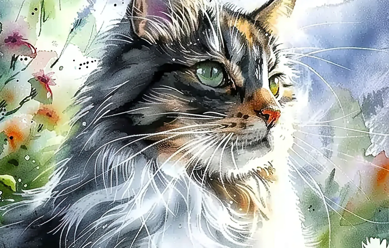 Photo wallpaper Flowers, Look, Cat, Mustache, Cat, Face, Art, Digital art
