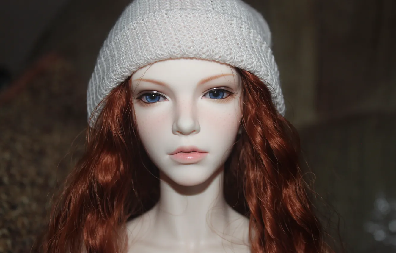 Photo wallpaper hat, doll, red hair, blue eyes, doll, BJD, jointed doll