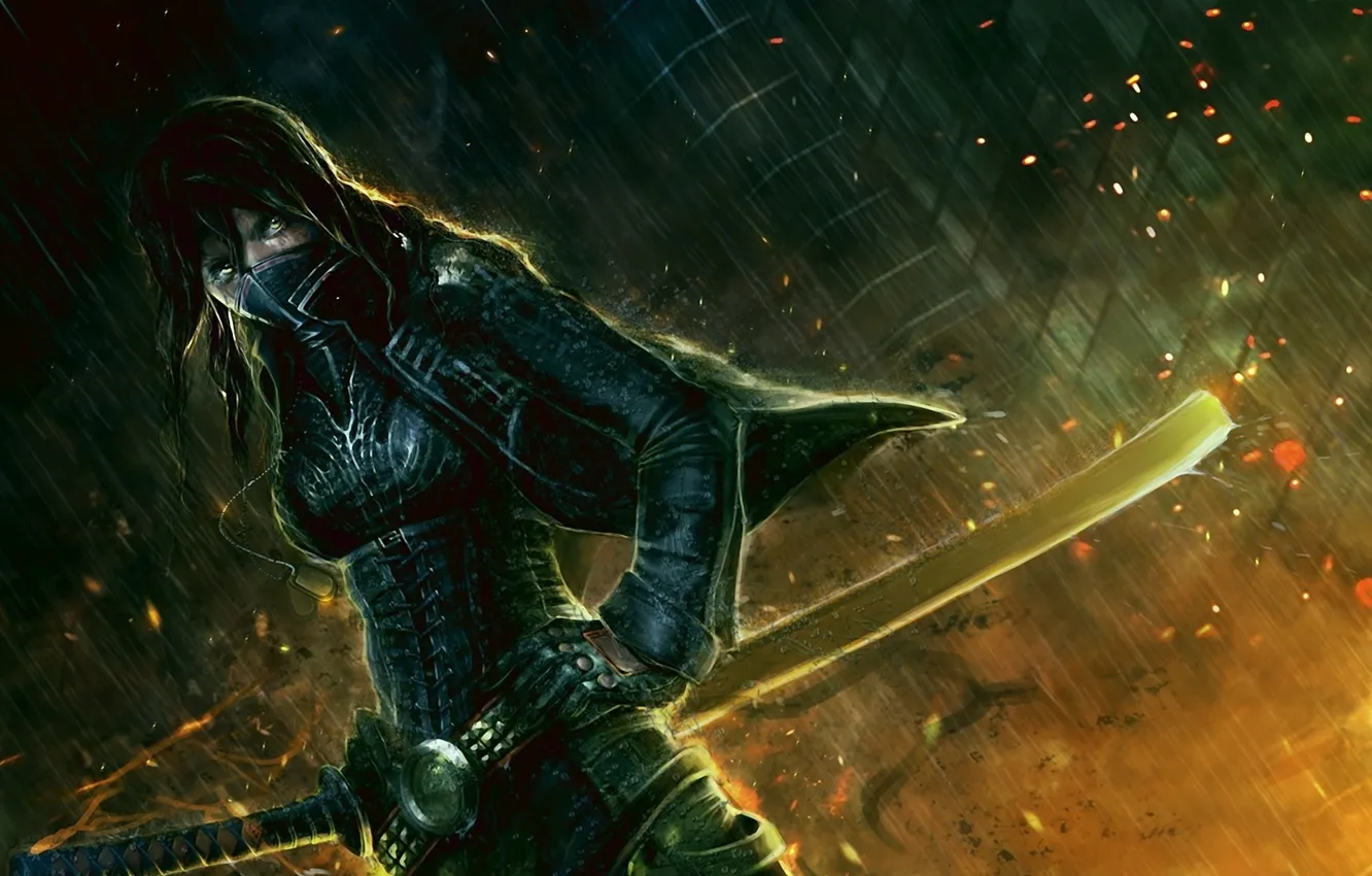 Photo wallpaper light, fire, sword, eye, ninja, warrior, mascara