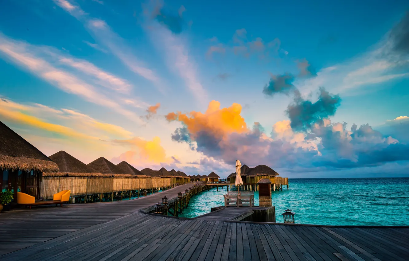 Photo wallpaper sea, the sky, clouds, tropics, horizon, The Maldives, Bungalow