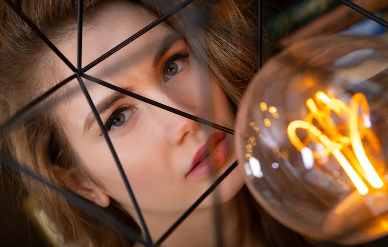 Photo wallpaper look, close-up, face, model, lamp, portrait, makeup, hairstyle
