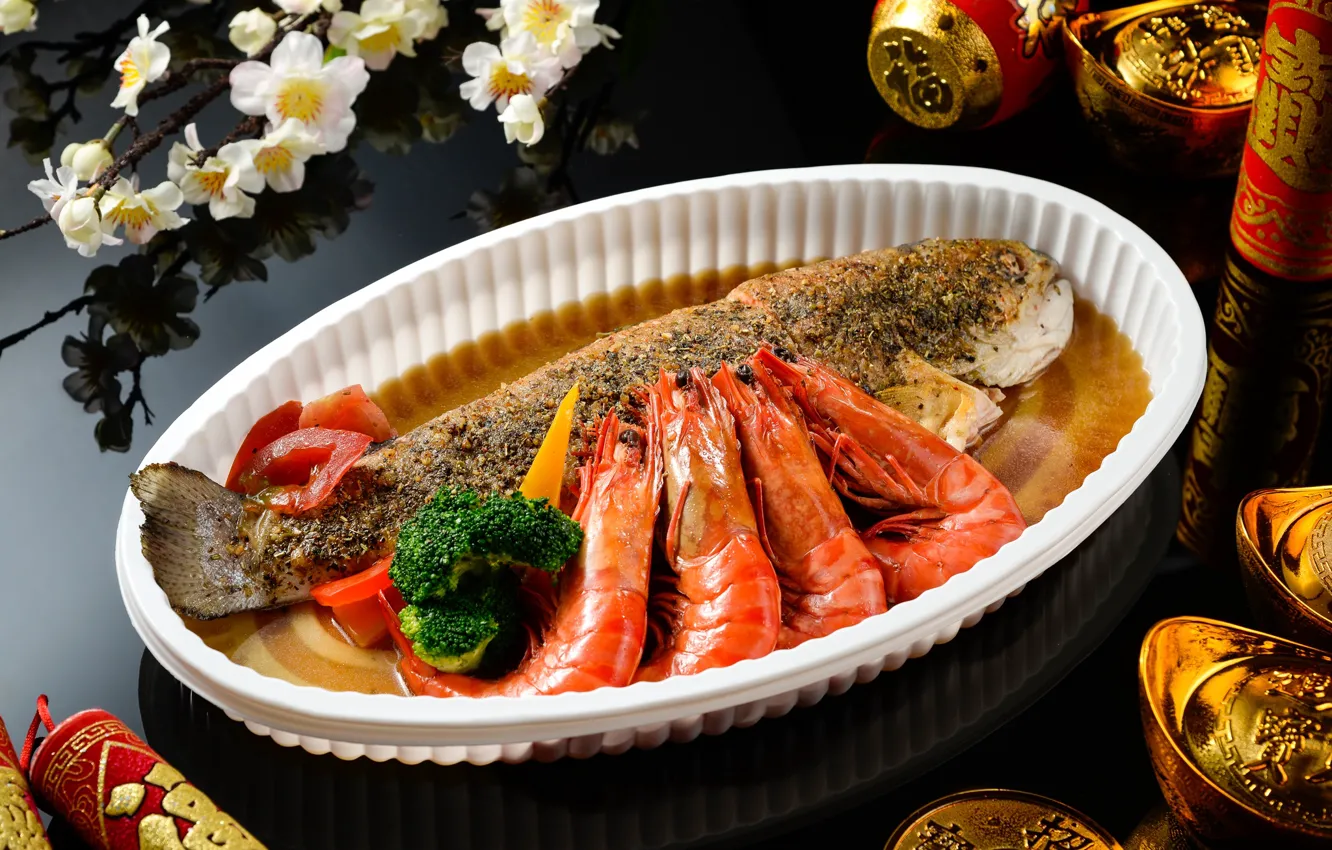 Photo wallpaper food, fish, dish, shrimp, seafood