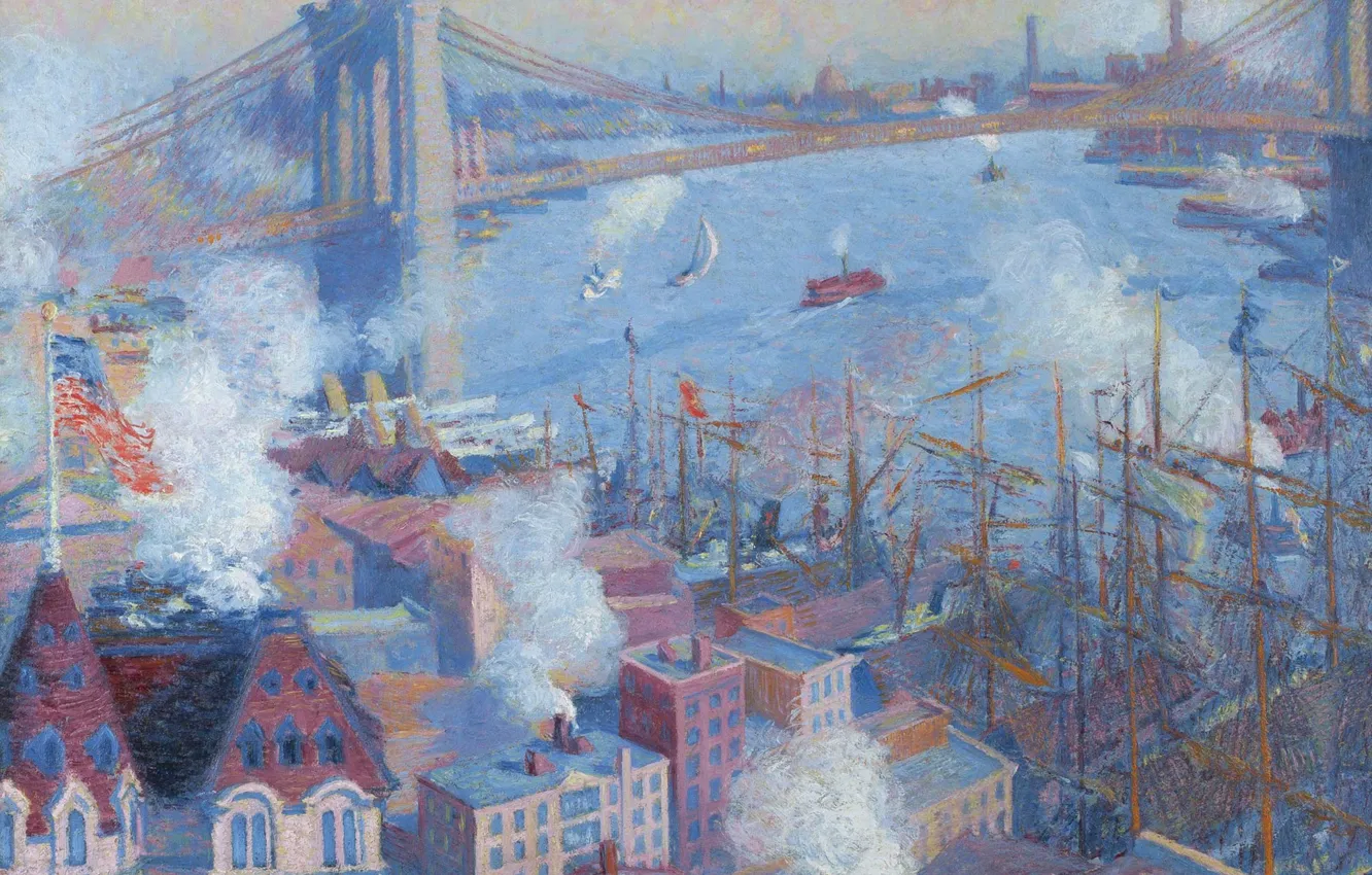Photo wallpaper bridge, home, picture, New York, Brooklyn Bridge, the urban landscape, Theodore Earl Butler