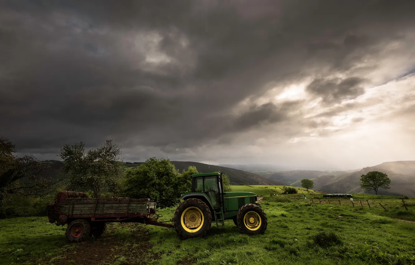 Photo wallpaper the storm, greens, field, the sky, grass, clouds, trees, mountains