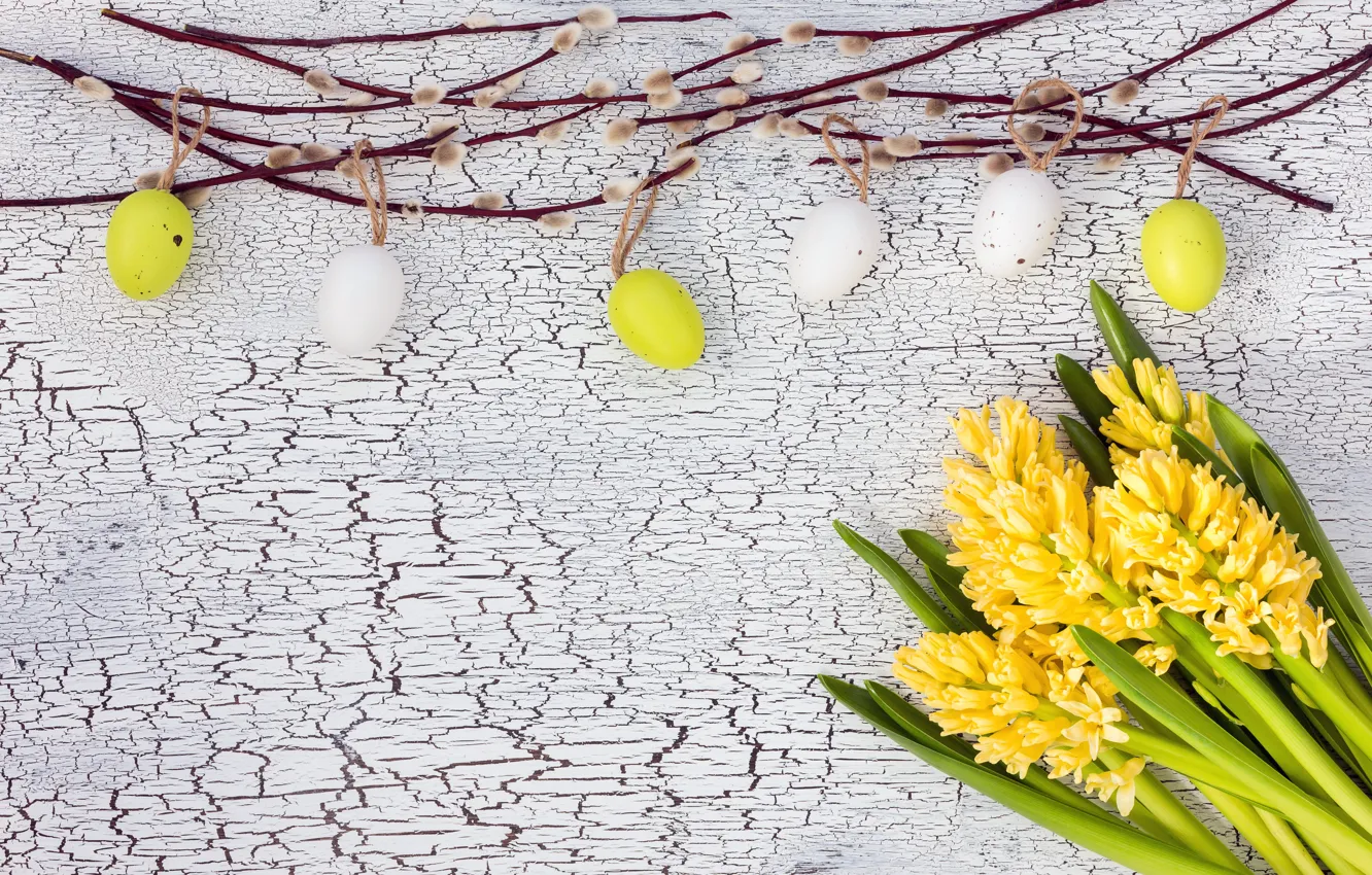 Photo wallpaper flowers, eggs, colorful, Easter, happy, yellow, wood, Verba