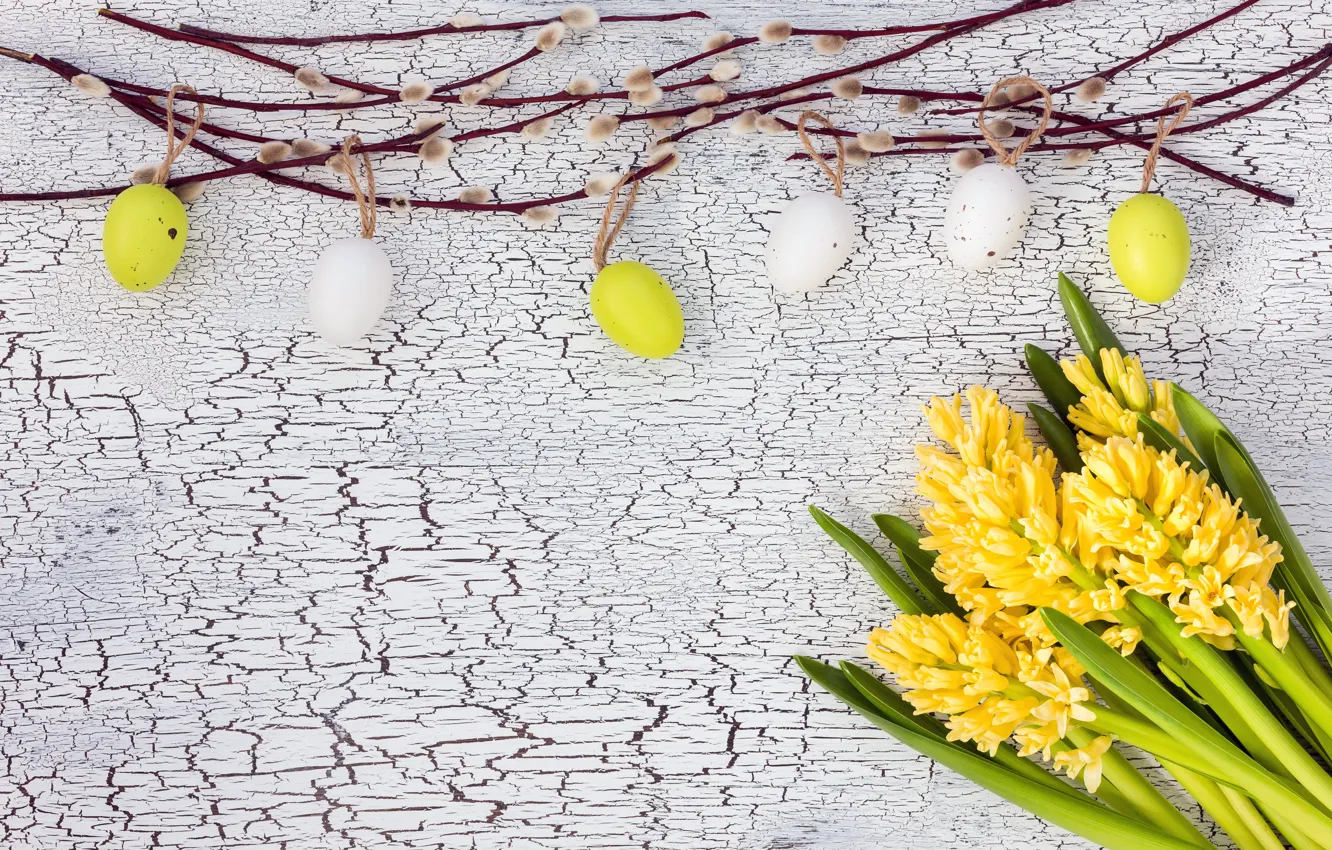 Photo wallpaper flowers, eggs, colorful, Easter, yellow, wood, Verba, flowers