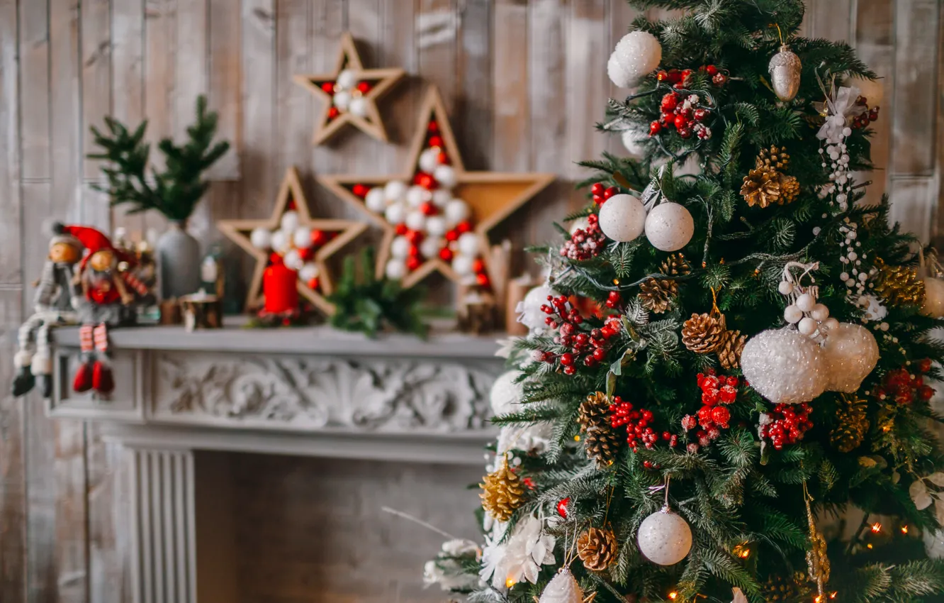 Photo wallpaper decoration, balls, tree, New Year, Christmas, gifts, fireplace, Christmas