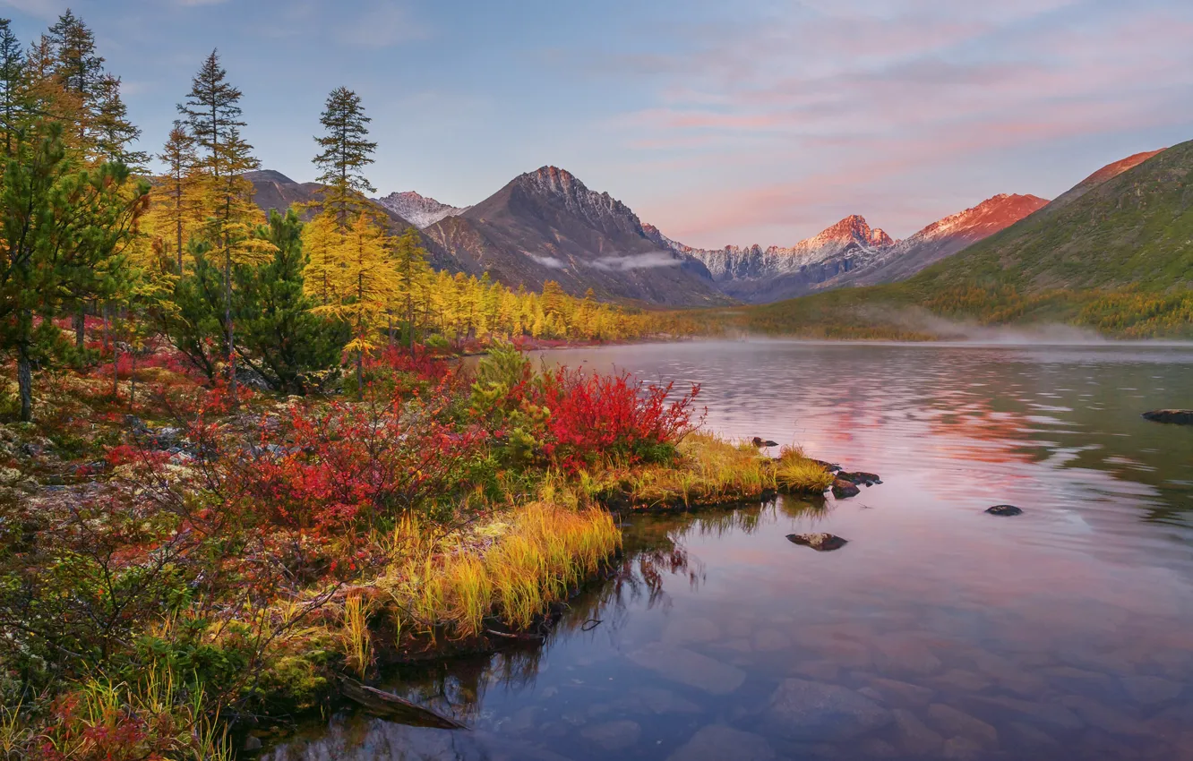 Photo wallpaper autumn, landscape, mountains, nature, fog, lake, vegetation, morning