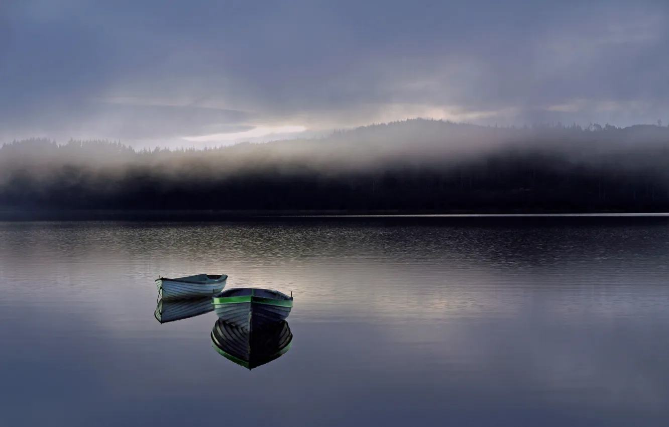 Photo wallpaper water, fog, dawn, boat, morning