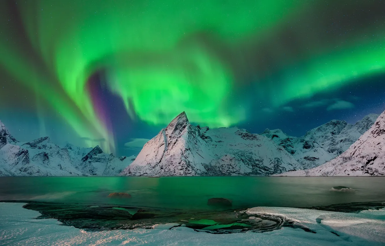 Photo wallpaper winter, the sky, snow, mountains, night, Northern lights, Norway, North