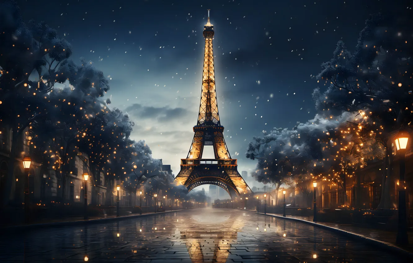 Photo wallpaper winter, snow, decoration, night, city, the city, lights, lights