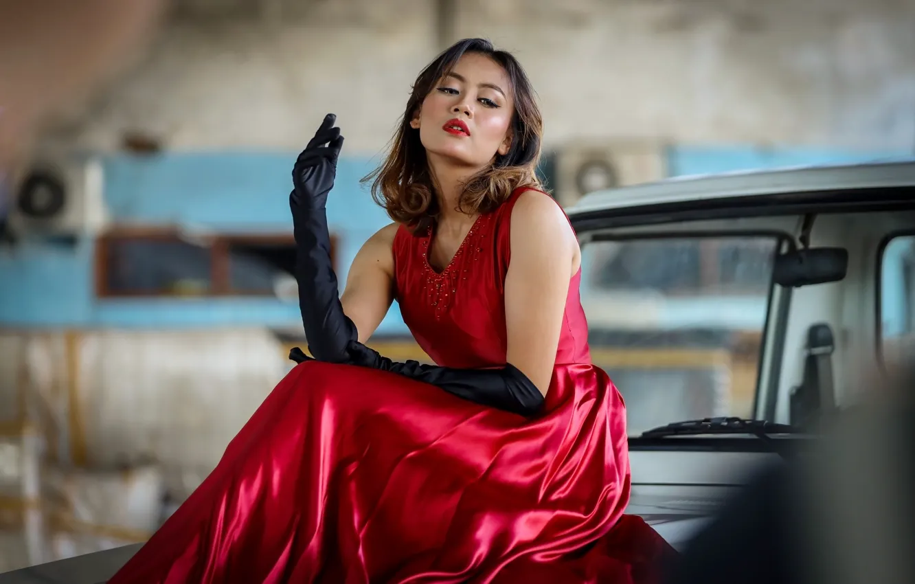 Photo wallpaper girl, pose, makeup, dress, gloves, brown hair, ambar moto