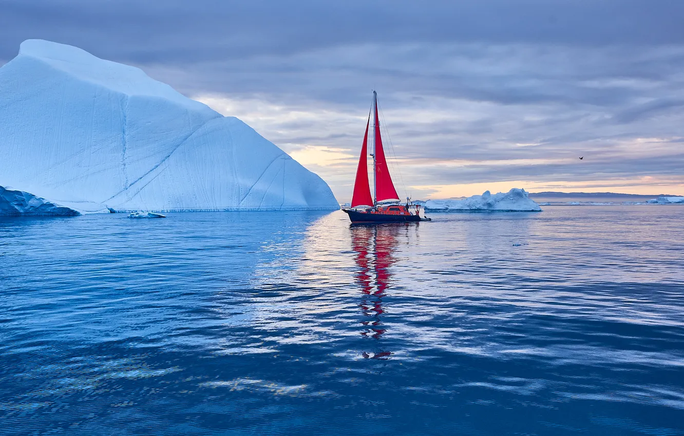 Photo wallpaper ice, clouds, the ocean, sailboat, beauty, yacht, iceberg, horizon