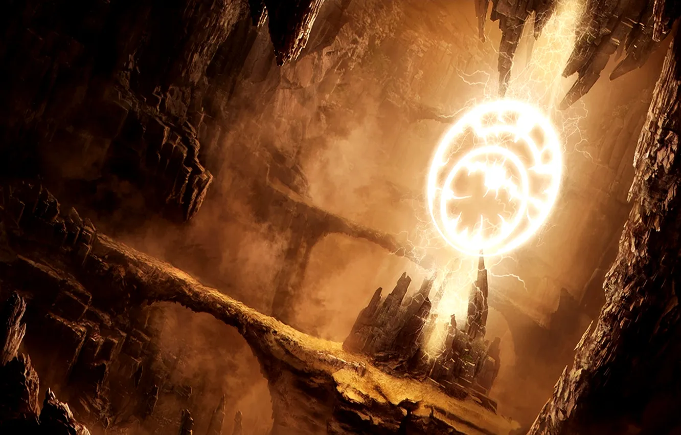 Photo wallpaper fire, magic, sand, stones, cave, construction