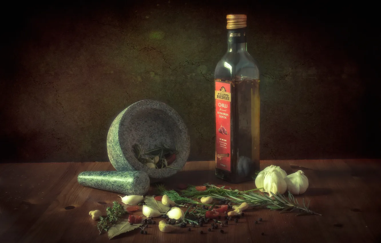 Photo wallpaper bottle, oil, pepper, still life, spices, garlic