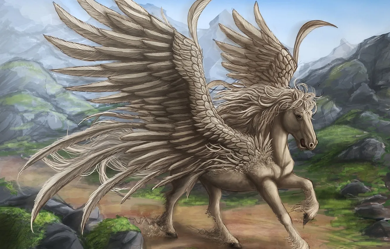Photo wallpaper road, rocks, horse, wings, feathers, Pegasus