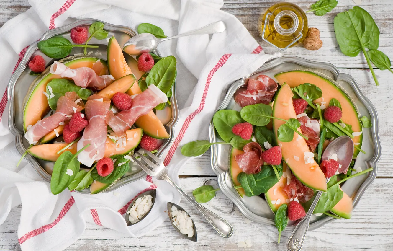 Photo wallpaper raspberry, melon, salad, appetizer, ham