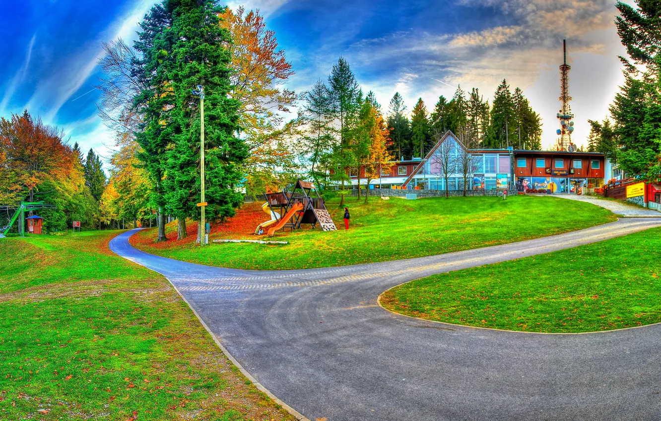 Photo wallpaper the sky, trees, Park, lawn, Slovenia, Maribor