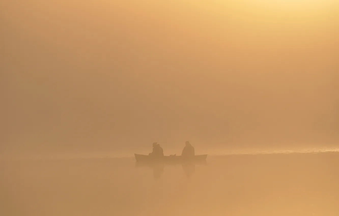 Photo wallpaper fog, lake, river, boat, people, fisherman