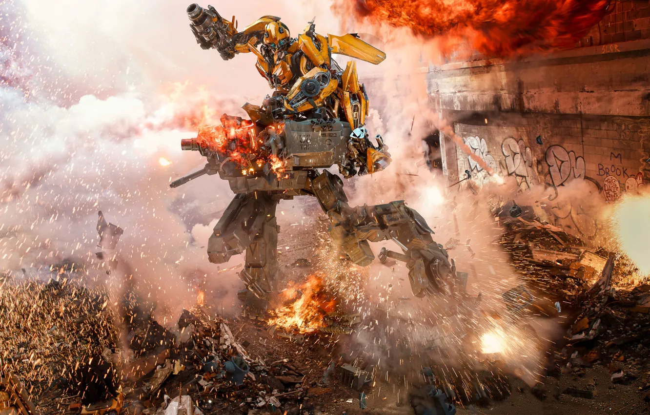 Photo wallpaper cinema, Camaro, fire, flame, mecha, weapon, war, fight