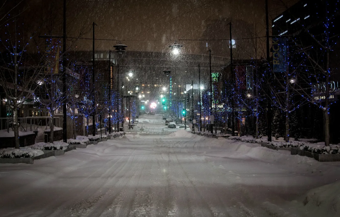 Photo wallpaper winter, road, the sky, snow, night, city, the city, lights