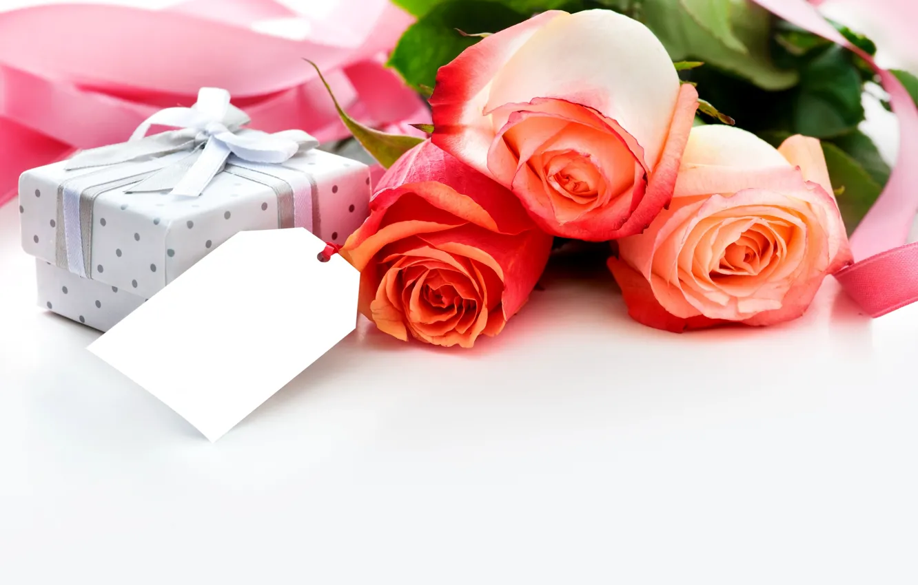 Photo wallpaper flowers, holiday, box, gift, roses, bouquet, tape, box
